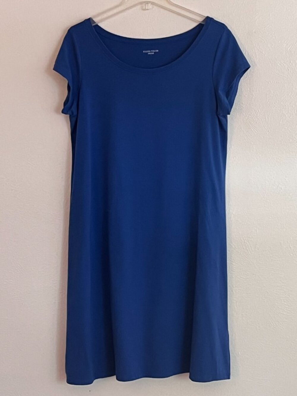 Eileen Fisher Blue Organic Cotton Short Sleeve Midi Shift Dress Size L Lagenlook